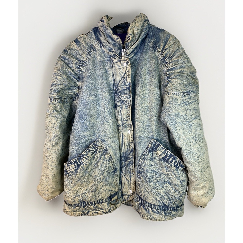 VTG Gitano Outerwear L Acid Wash Denim Full Zip 80s Embossed Back Puffer Jacket